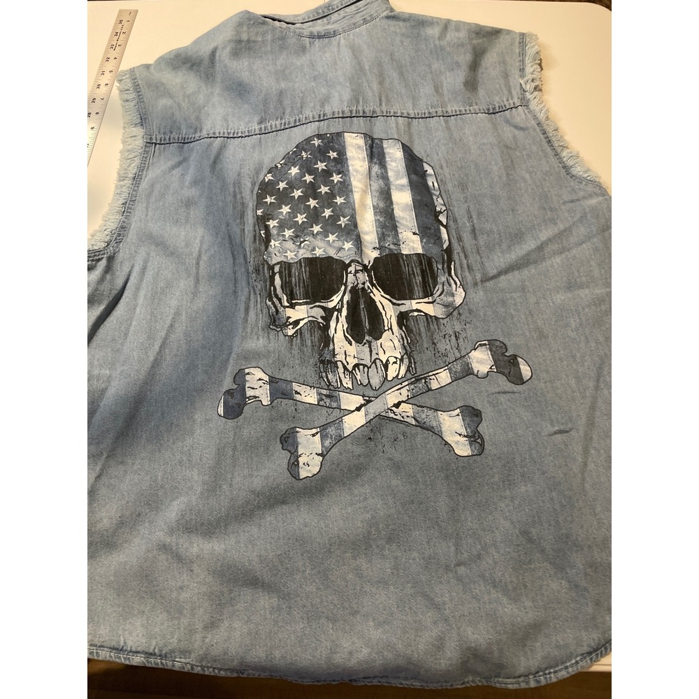 Hot Leathers Mens 3XL Blue Denim Sleeveless Shirt Biker Skull American Flag Vest